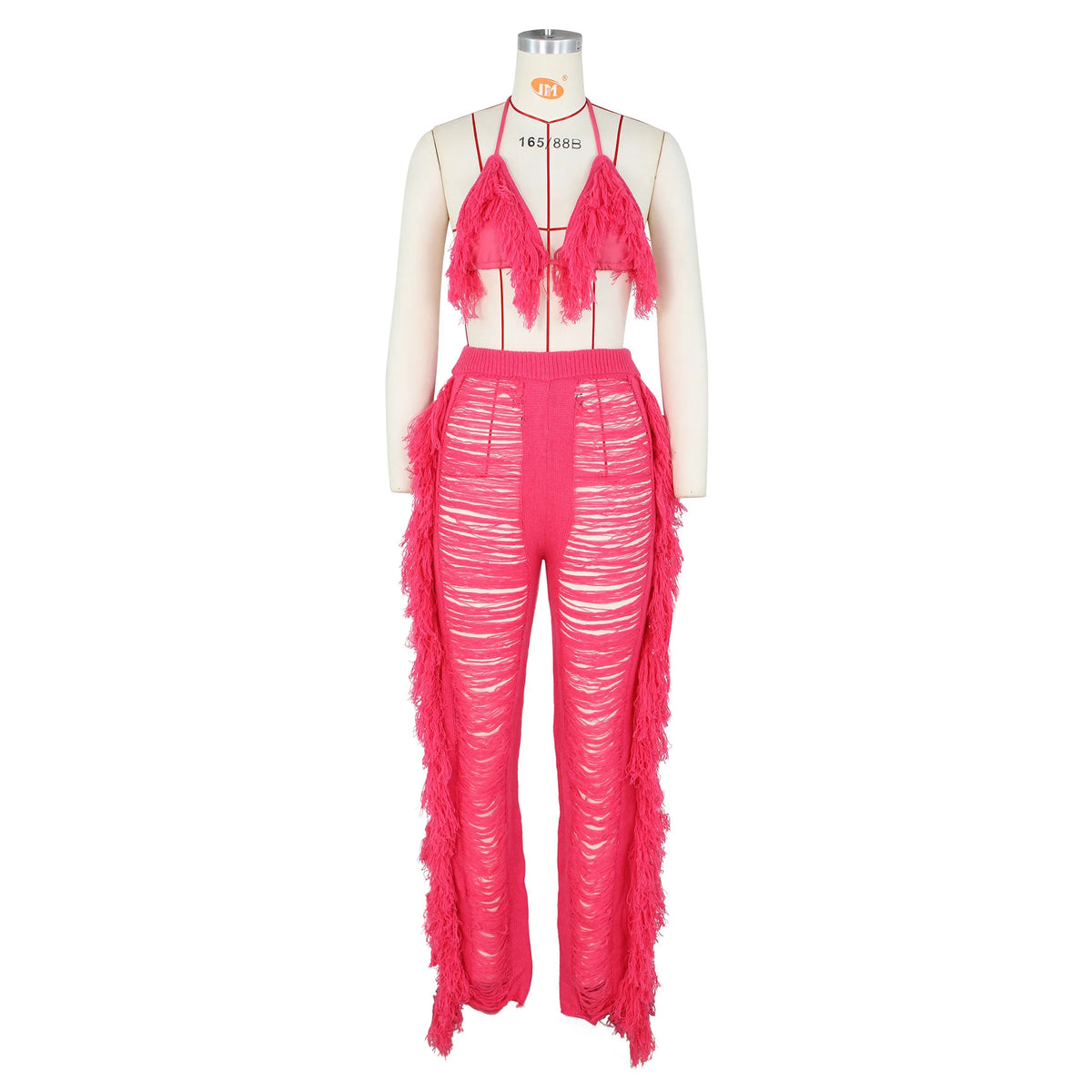 DEKA Women Tassel Pants Knitted Bra Top Bikini Set Swimsuit Handemade Crochet Bikini Cover-Up Tassel Beach Long Wrap Pant