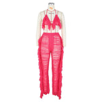 DEKAWomen Tassel Pants Knitted Bra Top Bikini Set Swimsuit Handemade Crochet Bikini Cover Up Tassel Beach Long Wrap Pant