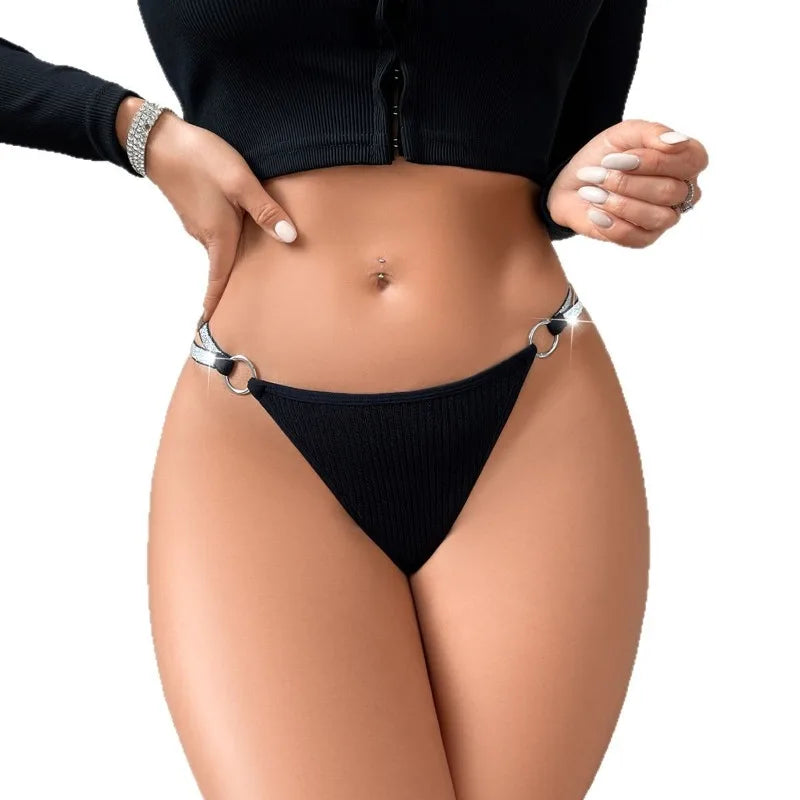 1pcs Fashion Elegant Sexy Women G-string Low Rise Black Silver Satin Sexy Lingerie Breathable Women's Underwear Lady Thongs