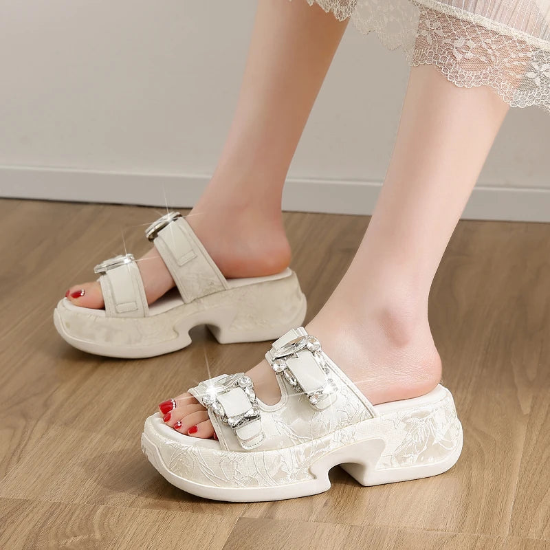 Luxury Rhinestone Thick Bottom Sandals Women 2026 New Silk Satin Embroidery High Heel Sandals Woman Summer Thick Heeled Slippers