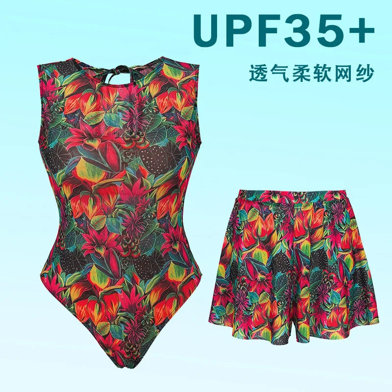 UPF 35+ Retro Sleeveless Swimwear Bodysuit High-end Mesh One Piece Swimsuit Women 2026 Sexy High Cut Bathing Suit with Cover Up