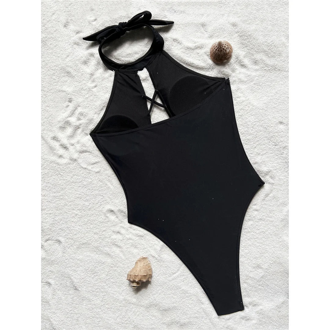 S - XL 7 Colors Lace Up High Neck Full Back Women Swimwear One Piece Swimsuit Female High Leg Cut Bather Bathing Suit Swim V6272