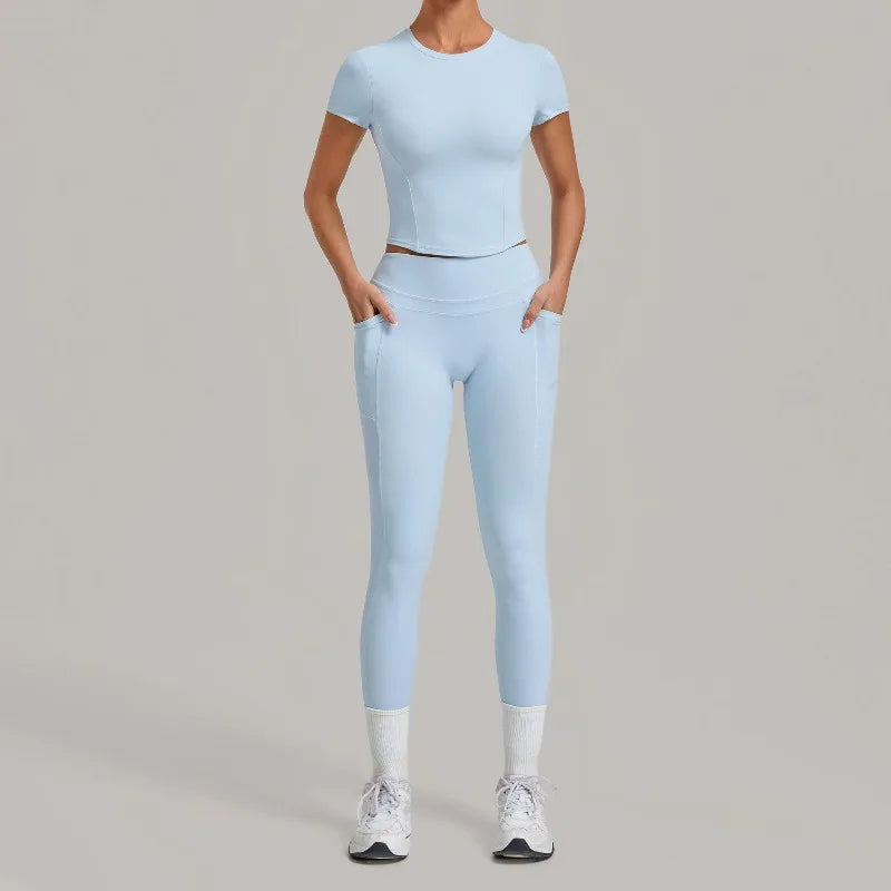 Women's Seamless Yoga Sets Sports Fitness Hip-lifting High Waist Pants Slim Fit Short-sleeve Suits Workout Running Training Sets