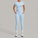 Women's Seamless Yoga Sets Sports Fitness Hip-lifting High Waist Pants Slim Fit Short-sleeve Suits Workout Running Training Sets