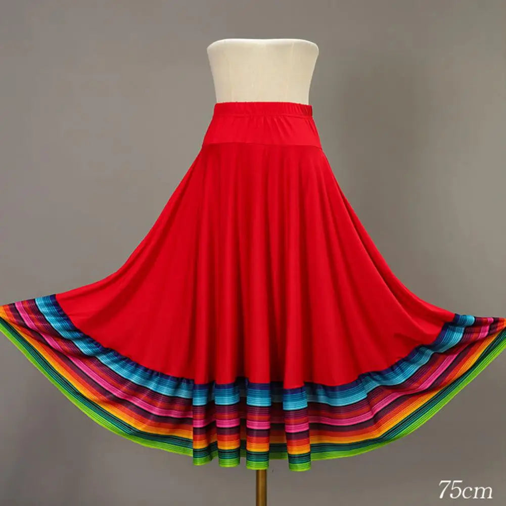 High Waist Spanish Swing Skirt Midi Skirt Ladies Folk Dance Skirt Elastic Large Swing Hem Mexican Flamenco Performance Skirts