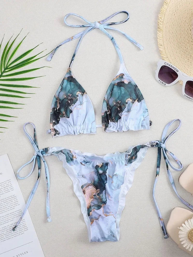 Ribbed Ruffled Frilled Brazilian Bikini Women Swimsuit Female Swimwear Two Pieces Bikini Set Halter String Bathing Suit Swim