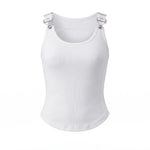 Women's Solid Color Ribbed Tank Tops Stylish Sleeveless Camisole with Metal Buckle Straps and Curved Hemline