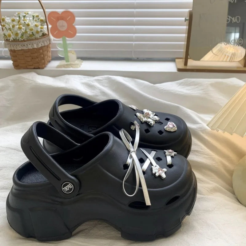 Cute DIY Bow knot Fashion Clogs For Women Indoor Street Slippers Thick Sole Female Summer Shoes Soft EVA Girls Beach Sandals