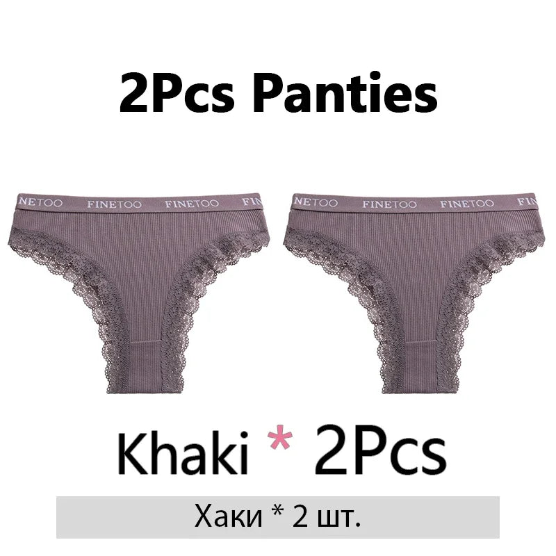 FINETOO 2Pcs/Set Women Cotton Brazilian Panties Plus Size M-2XL Lingerie Sexy Lace Underwear Low Rise Girls Intimates Underpants