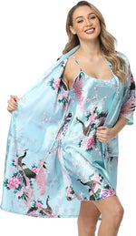 Women's Floral Satin Kimono Robe and Nightgown Set with Camisole 2 Piece Sleepwear Peacock Bathrobe