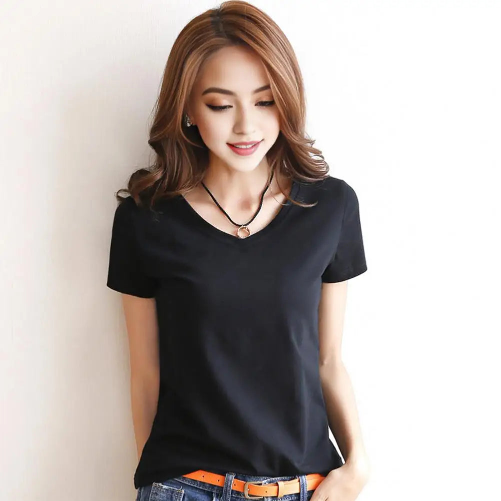 Women Summer T-shirt V-neck Short Sleeve Slim Fit T-shirt Solid Color Pullover Tops Women Bottoming Shirt Streetwear