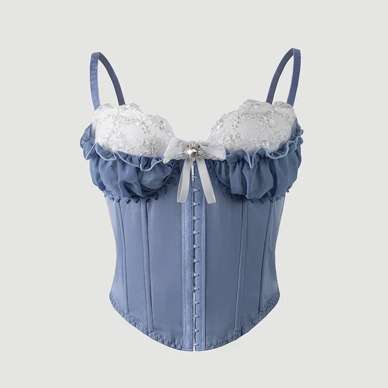 Sexy Top Mesh Lace Patchwork Cotton Hot Girl Fishbone Strap High-end Wear Top For Women Bowknot Pure Desire Vest Charming PWGG