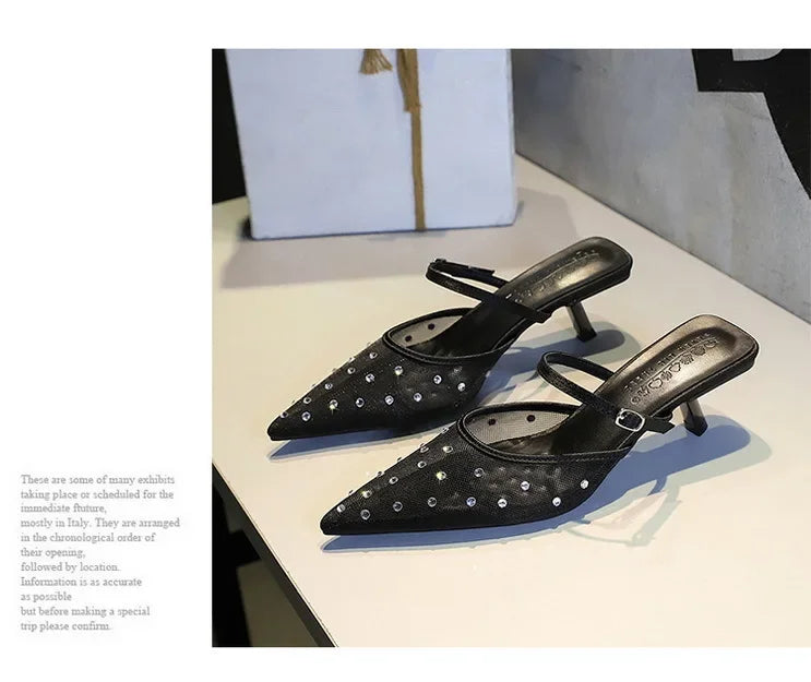 BIGTREE Crystal Mesh Fabric Pointed Toe Slippers Women Sexy Elegant Buckle Strap Party Prom Thin Low Heels Mule Shoes