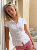Women's Button Down Shirt Solid Color Short Sleeve Slim Fit Lapel Ruched Tops and Blouses Streetwear 2026 Summer