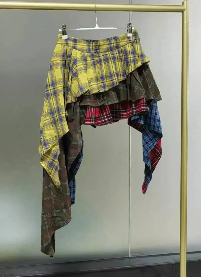 Real Photo Autumn Trend New Fashion Cotton Plaid Patchwork Irregular Skirt High Waist Pants Skirt Women's Streetwear Y2K X6CQ