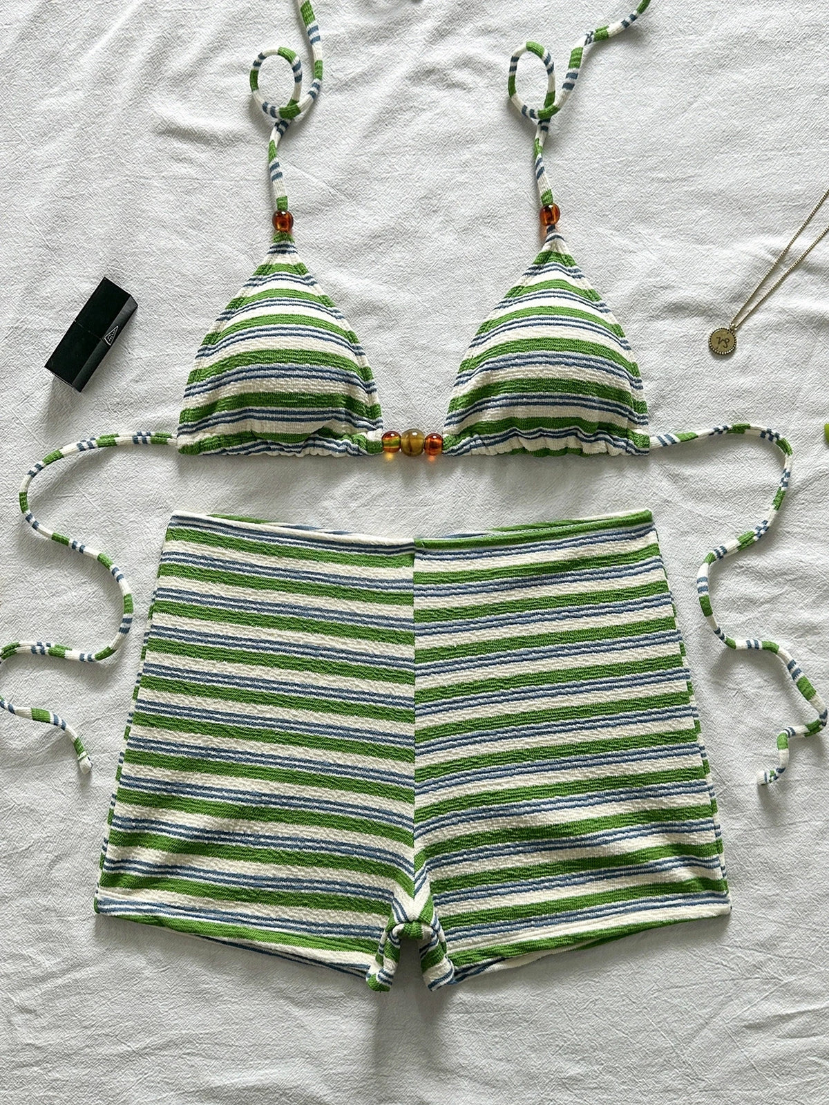 DEKA Summer Womens Striped Bikini Sexy Halter Bra Tops with Shorts 2 Pcs Set Beach High Waist Swimwear Female Bathing Suit