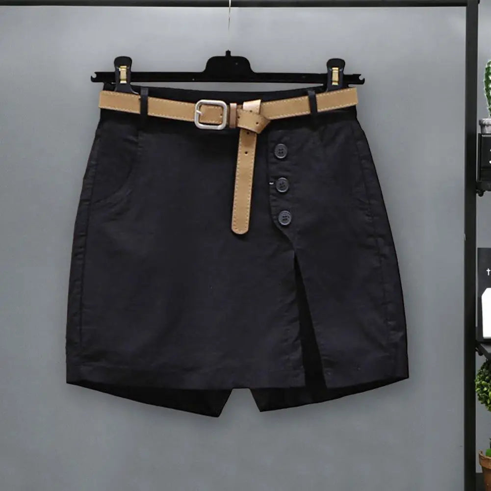 Women Skirt Shorts Above Knee Length High Waist Fake Two Piece Button Decor Side Split Pockets Straight Streetwear