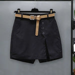 Women Skirt Shorts Above Knee Length High Waist Fake Two Piece Button Decor Side Split Pockets Straight Streetwear