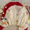 New Autumn Colourful Applique Flower Cardigan for Women Cute LongV-neck Knit Crop Sweater Girl Soft Knitwear