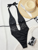 Sexy Black Lace Contrast One Piece Swimwear Women 2026 Pearls Deep V Neck Slim Tummy Control Swimsuit Holiday Bathing Suits