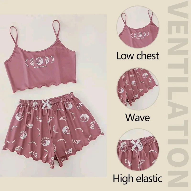 Summer Sleepwear Women 2 Pieces Pajama Set Pink Black Moon and Planet Print Sports Camisole and Shorts Set Casual Loungewear