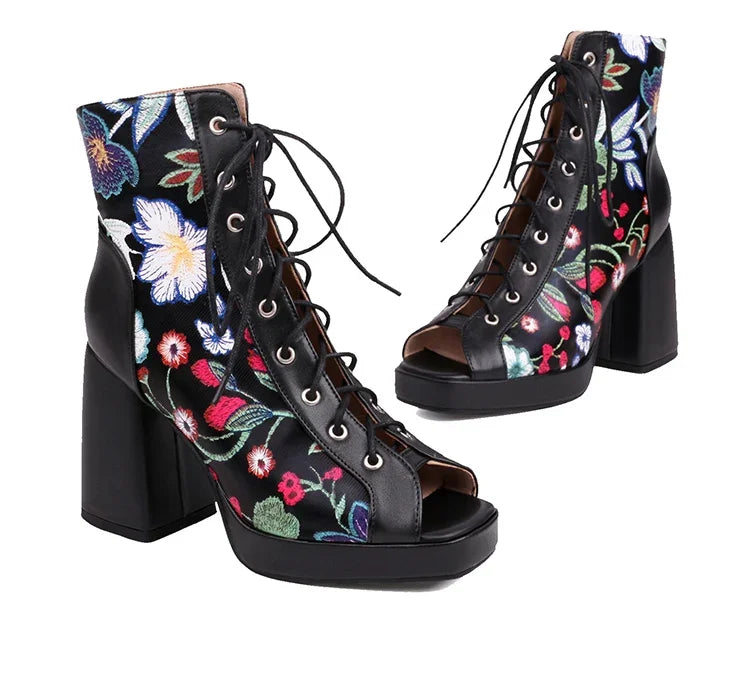 White Floral Embroidered Peep Toe Lace-Up Chunky Block Heel Platform Hollow Out Ankle Sandal Boots for Women