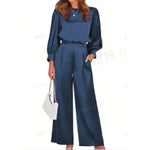 Women's 2-piece casual color Ding set 2024 autumn casual long sleeved top, loose pants can be worn as outerwear home suit set