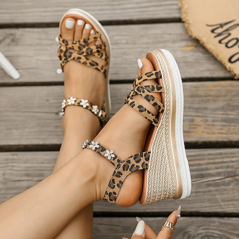 2025 Wedge Heel Leopard Print Sandals Women Fashion Crystal Flowers Thick Bottom Sandalias Mujer Cross Band Platform Sandles 43