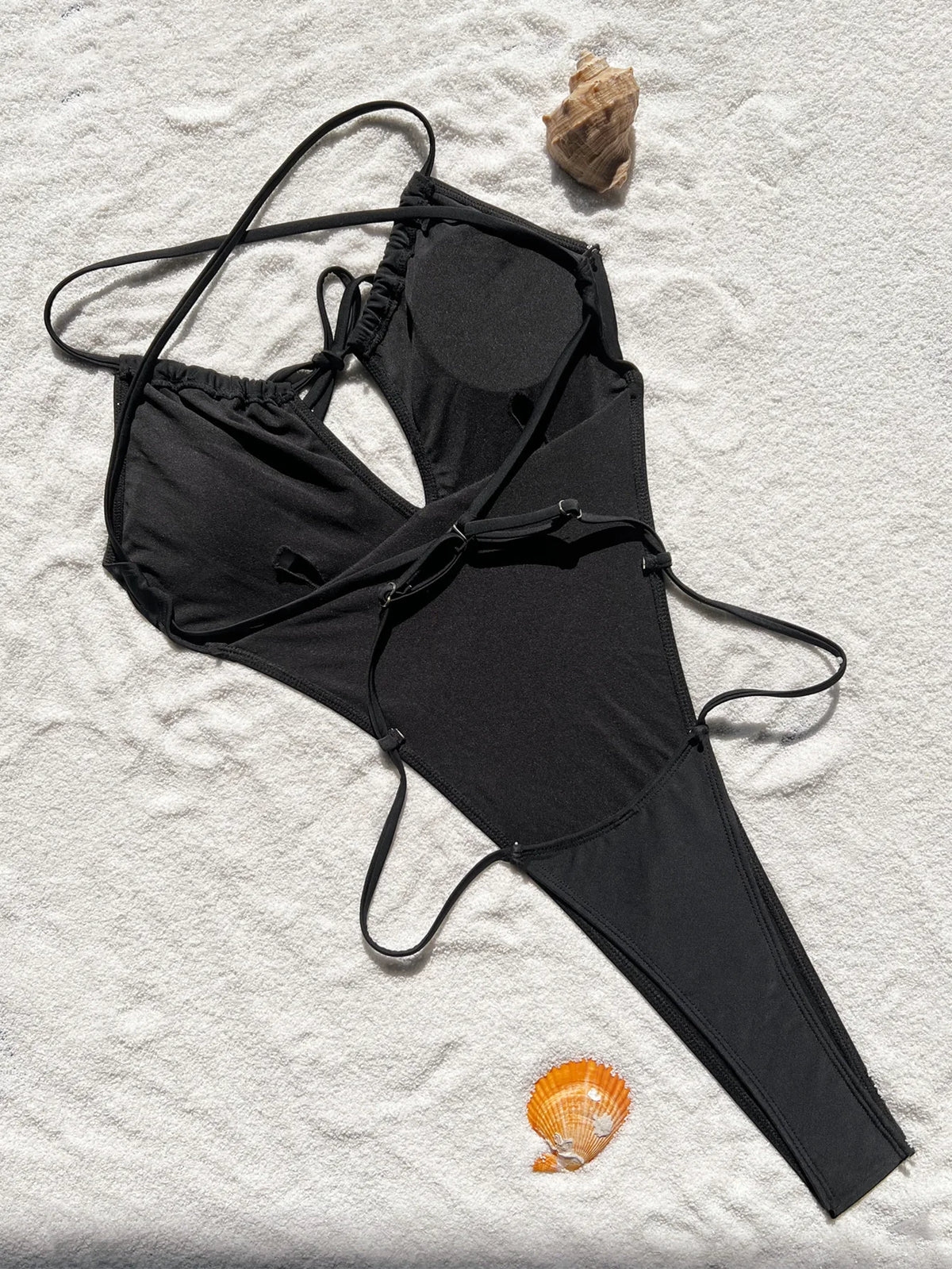 Sexy Solid Black Drawstring Bandage Backless Swimsuit One Piece Bikini Thong Swimwear Bodysuits Women Biquini Bathing Suits