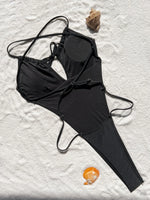 Sexy Solid Black Drawstring Bandage Backless Swimsuit One Piece Bikini Thong Swimwear Bodysuits Women Biquini Bathing Suits