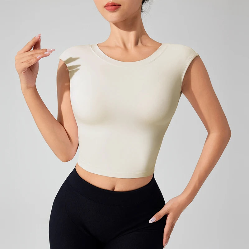 Women's Backless Fitness Clothes with Fixed Chest Pad Beautiful Top Short Sleeve Dance SportT-Shirt Yoga Wear