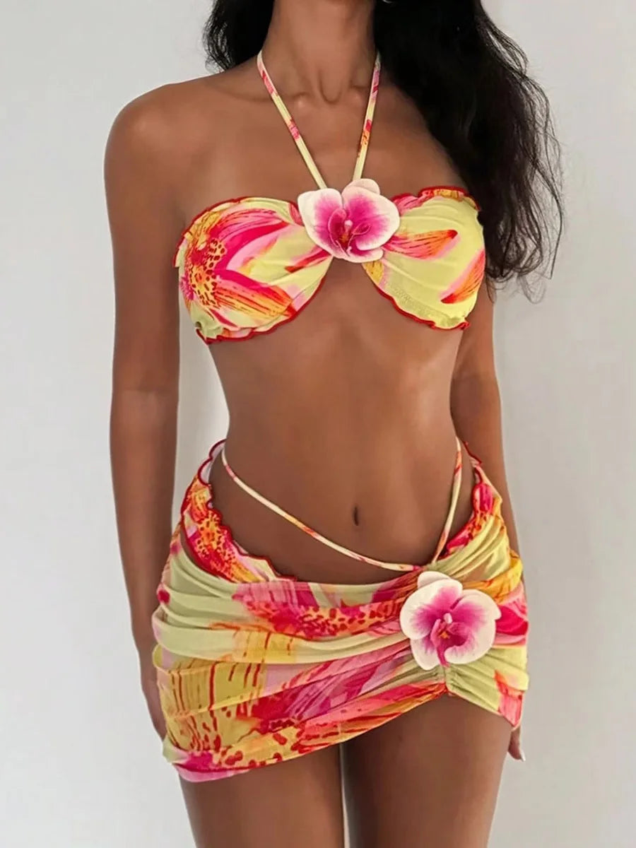 3D Flowers with Mesh Skirt Halter Bandeau Bikini Women Swimsuit Female Swimwear Three-pieces Bikini Set Bathing Suit Beachwear