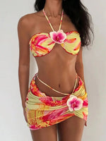 with Mesh Skirt 3D Flowers Halter Bandeau Bikini Female Swimsuit Women Swimwear Three-pieces Bikini Set Bathing Suit Beachwear