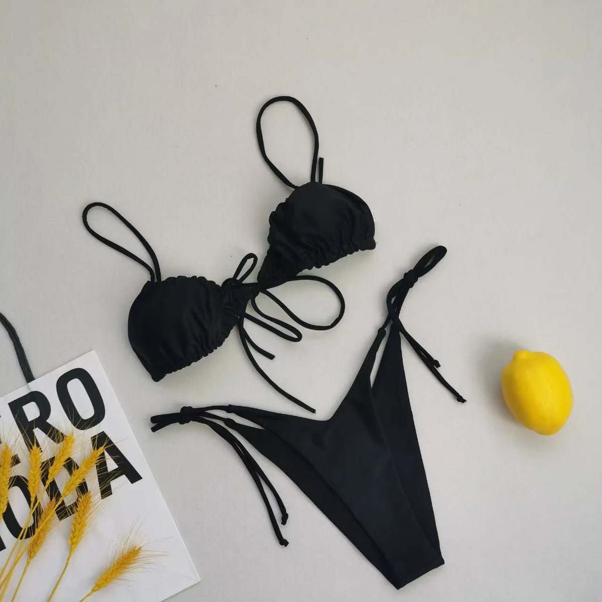New Women's Sexy Swimsuit Loop Strap Bikini Set Double Face Plain Swimwear Lace Up Beach Clothes Swimming Pool Party Essential