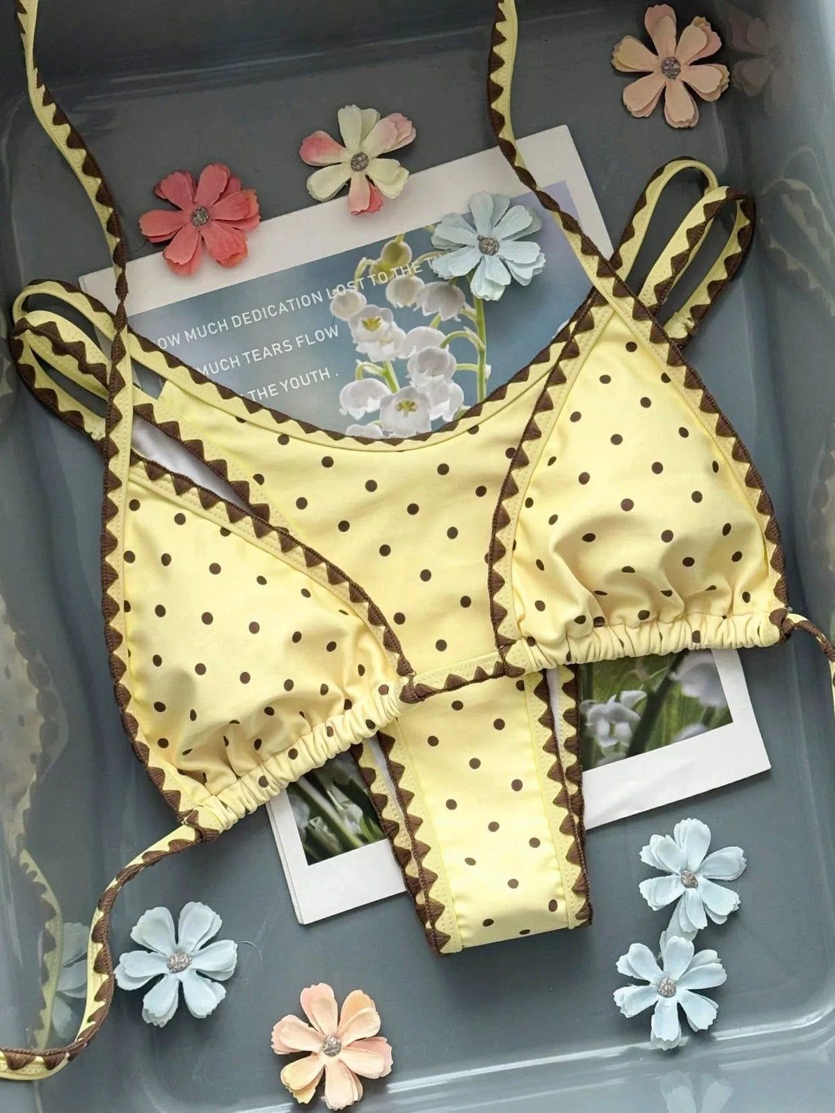 DEKA Women Yellow Polka Dot Bikini Set Halter Triangle Top Adjustable High Cut Two Piece Swimsuit Summer Beach Swimwear