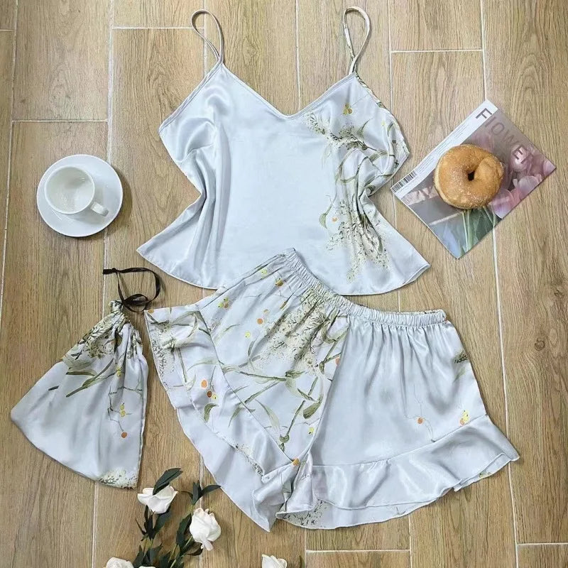Elegant Floral Print Cami Tops Ruffle Hem Shorts Pajama SetWomen's Sleepwear Loungewear