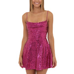 Women Sexy Solid Color Shiny Sequins Mini Dress Summer Sleeveless Backless A-Line Dress for Party Cocktail Beach