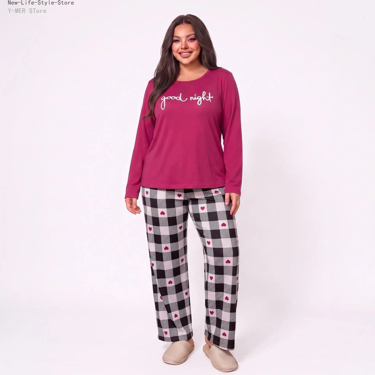 Women Plus Size Milk Silk Pajama Set Plaid Letter Print Long Sleeve Autumn Winter Ladies Casual Home Sleepwear
