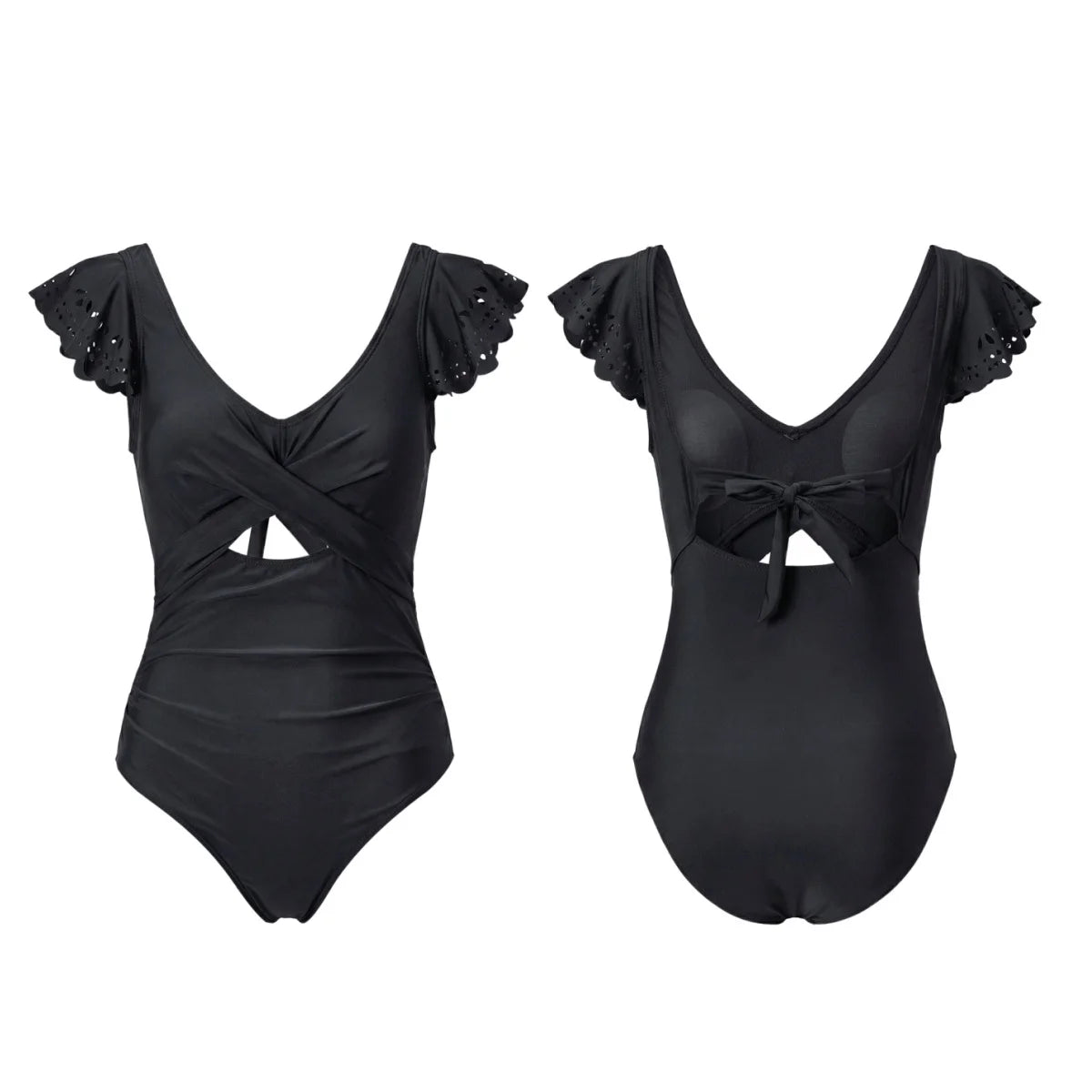 Womens Lace Fly Sleeve Bodysuit Swimwear V Neck Bikini Front Twist Cutout Tummy Control Bathing Suits Beachwear