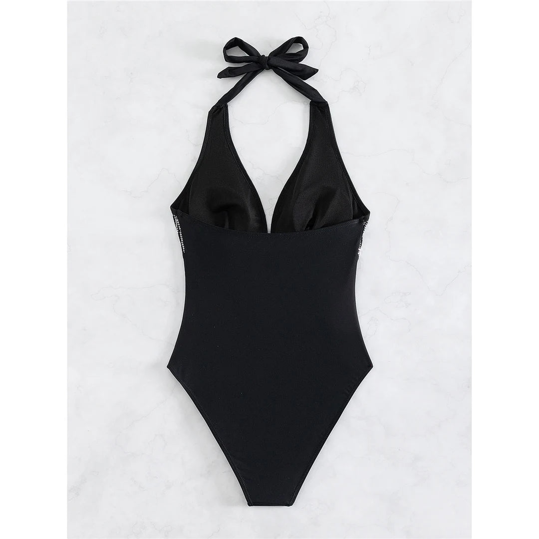 Sexy Shiny Sequins Deep V Backless Monokini Halter Women Swimwear One Piece Swimsuit Female Bather Bathing Suit Swim Lady K4996