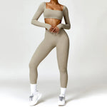 Hearuisavy Summer 2PCS Long Sleeve Gym Set Women Yoga Clothes Quick-Drying Sportswear Running Leggings Workout Sports Crop Top
