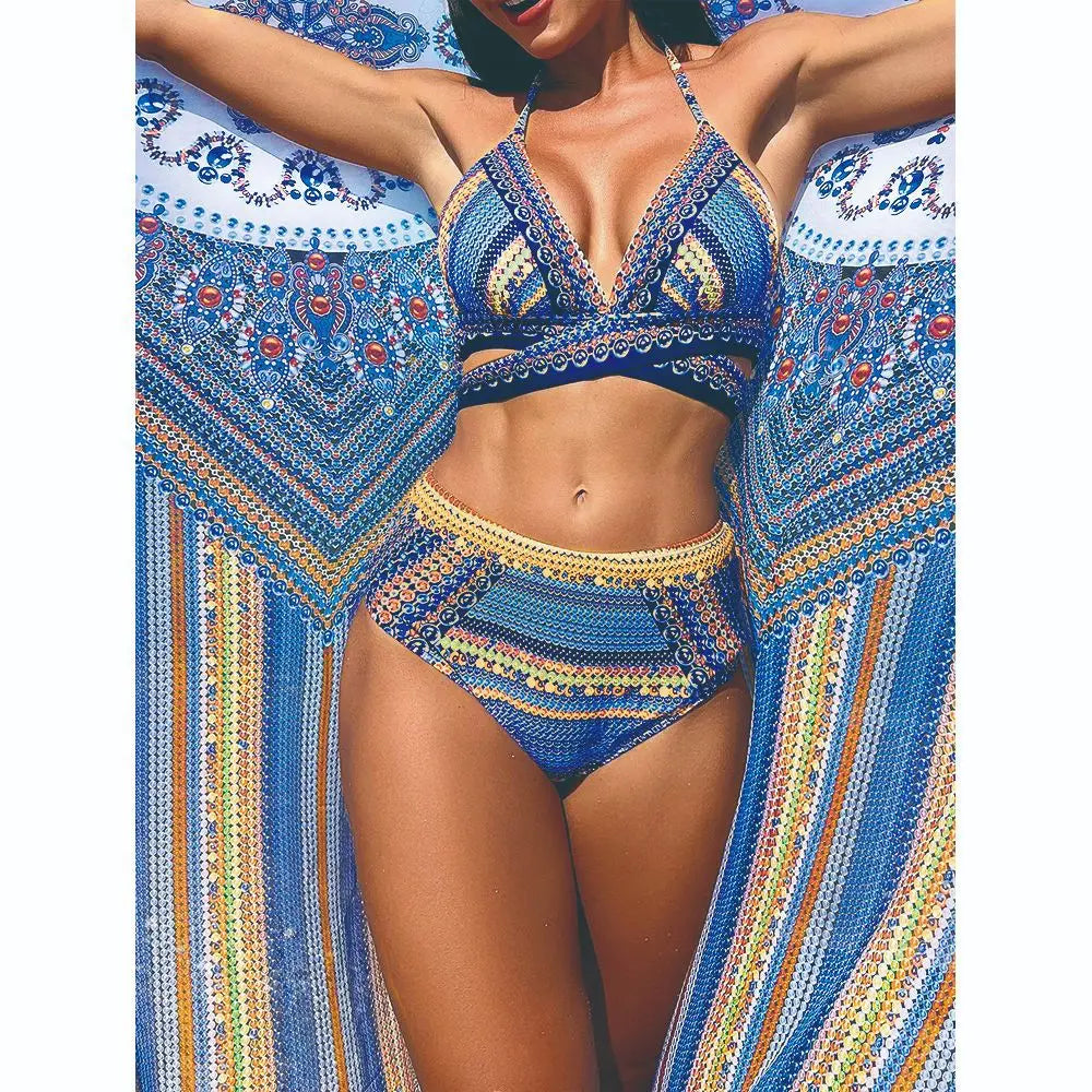 Women Bathing Suit 3 Piece Swimsuit Kimono Cross Wrap High Waist Bikini Beach Cover Up Swimwear Africa Print Bathing Suit Beach