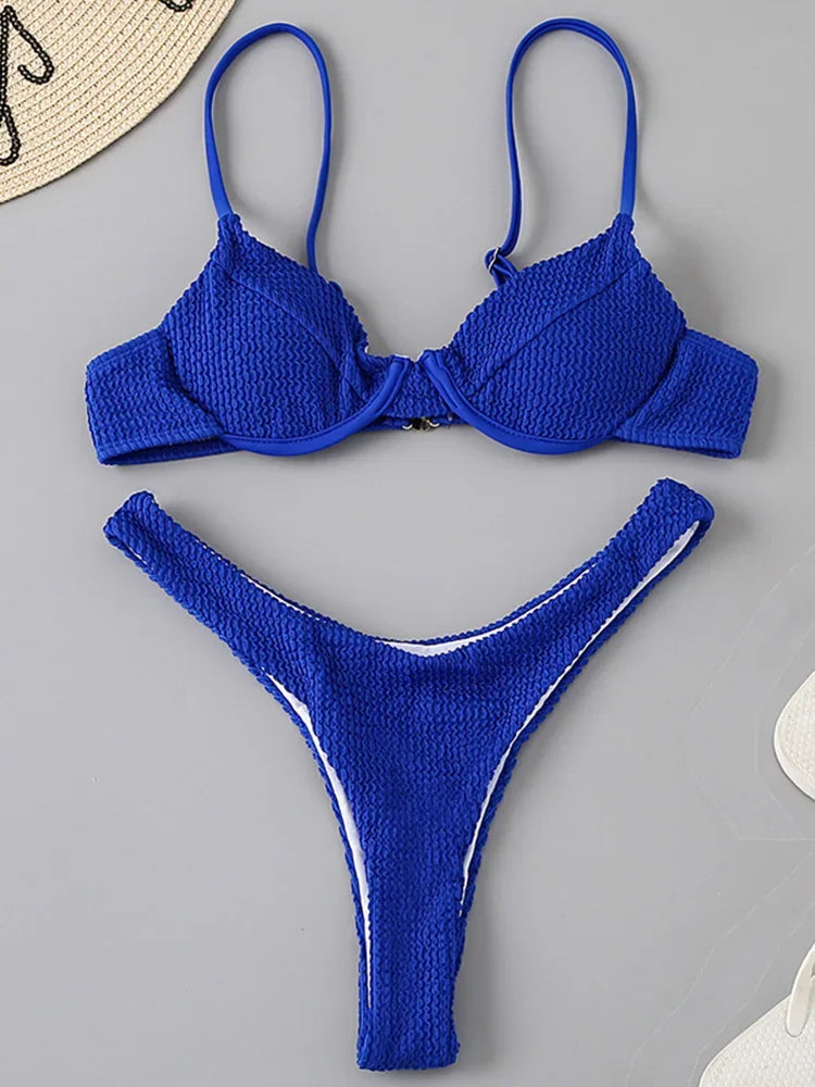 Wrinkled Underwired V-Bar Bikini Swimsuit Female Swimwear Women Two-pieces Bikini set High Cut Bather Bathing Suit Swim Lady