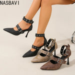 Black Punk Gothic High Heels Sexy Plus Size 34-45 Pointed Toe Fashion Buckle Rivet French Retro Women Pumps Wedding Sandals New