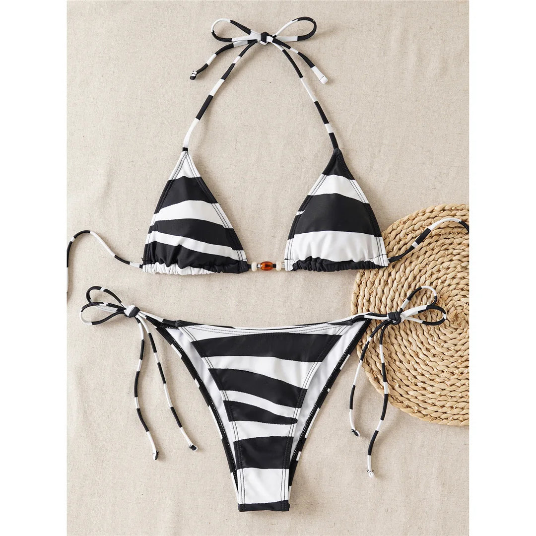 XS - L Sexy Zebra Halter High Leg Cut Bikini Women Swimwear Female Swimsuit Two-Pieces Bikini Set Bather Bathing Suit Swim V6799