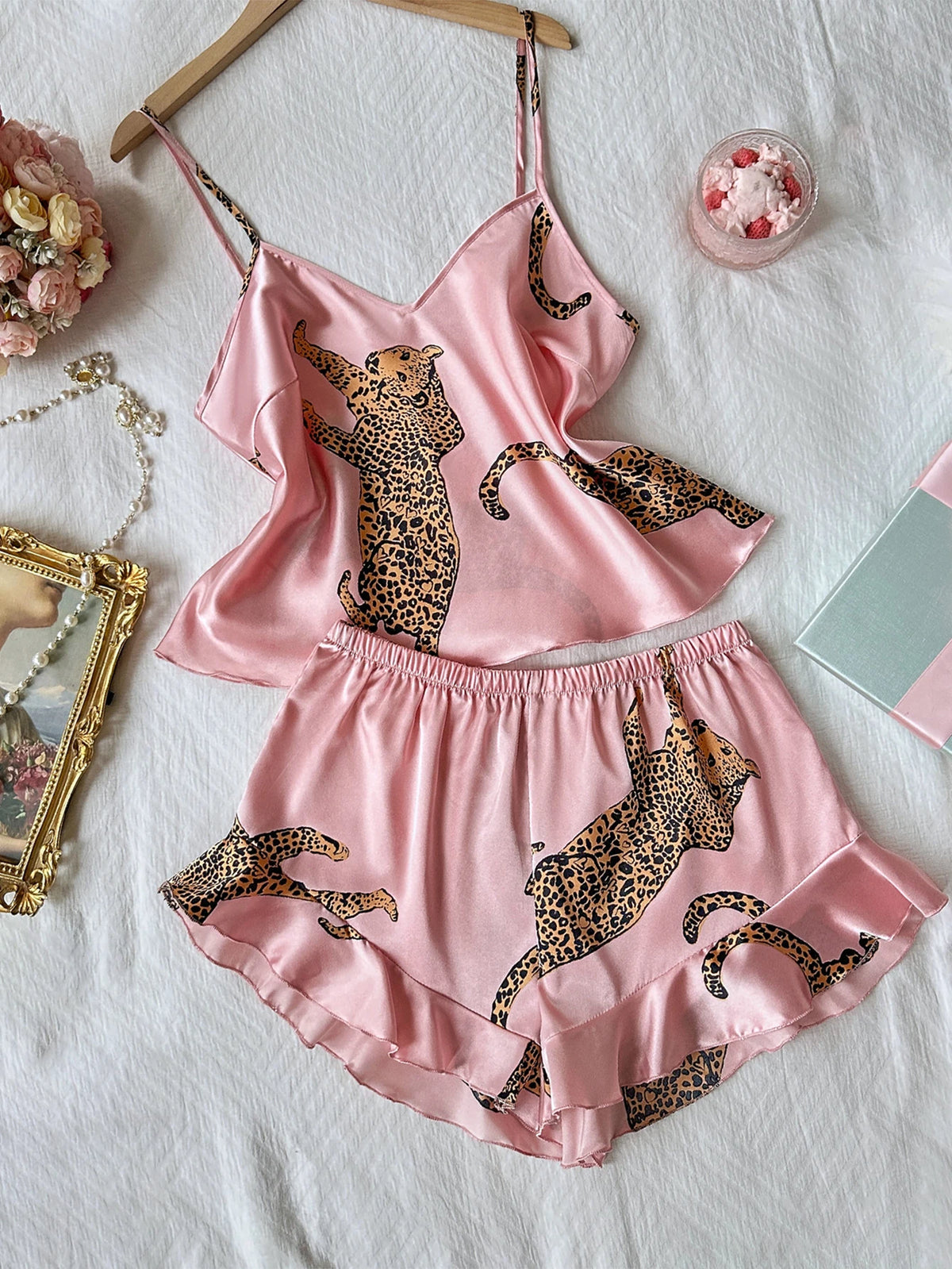 Women's Two Piece Pajama Set Leopard Print Ruffle Cami Top with Shorts Sleepwear Loungewear