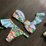 Flower Printed One Shoulder Bikini Women Swimwear Female Swimsuit Frilled Bather Bathing Suit Swim Two-pieces Bikini set K8049