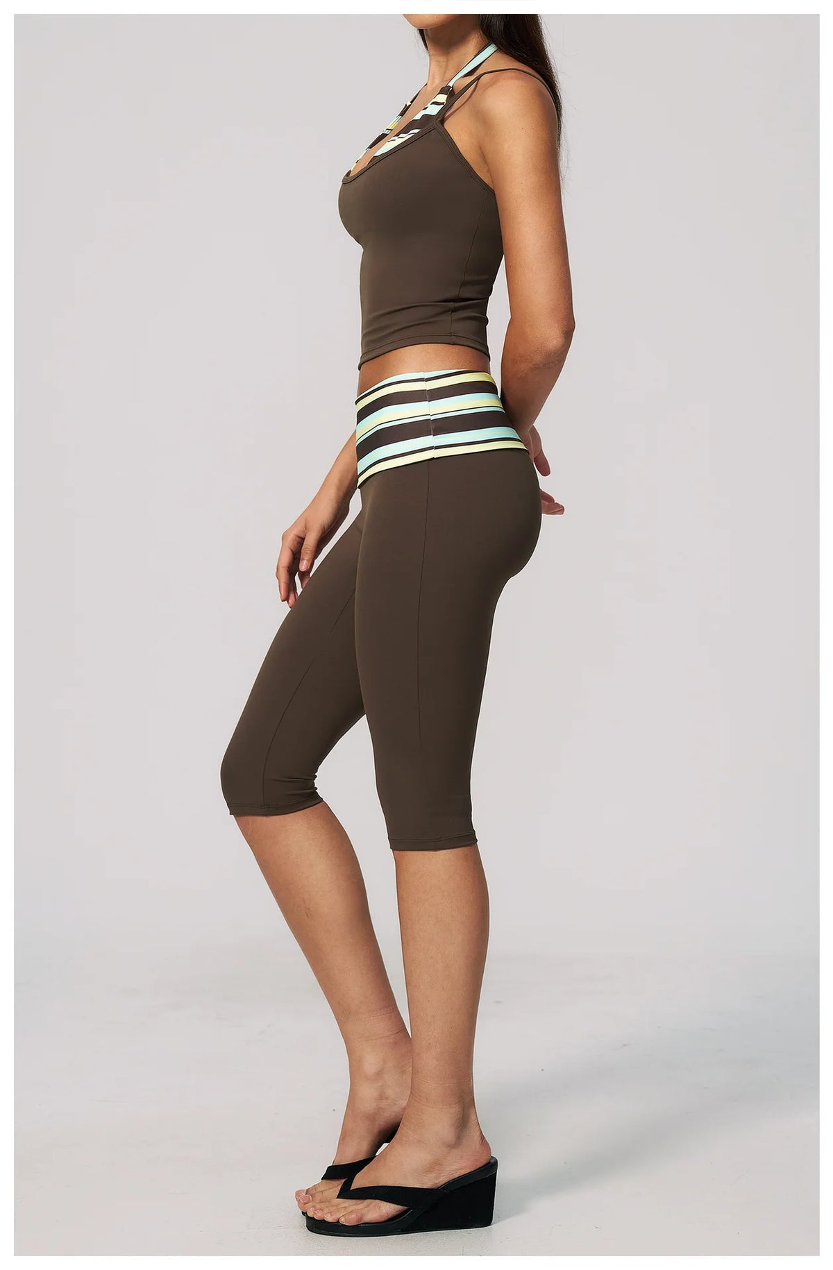 New Fake Two-piece Yoga Sets Women Striped Shock-absorbing Slim Sports Tank Top Fitness Suit Gym High Waist Mid Pants Tracksuit