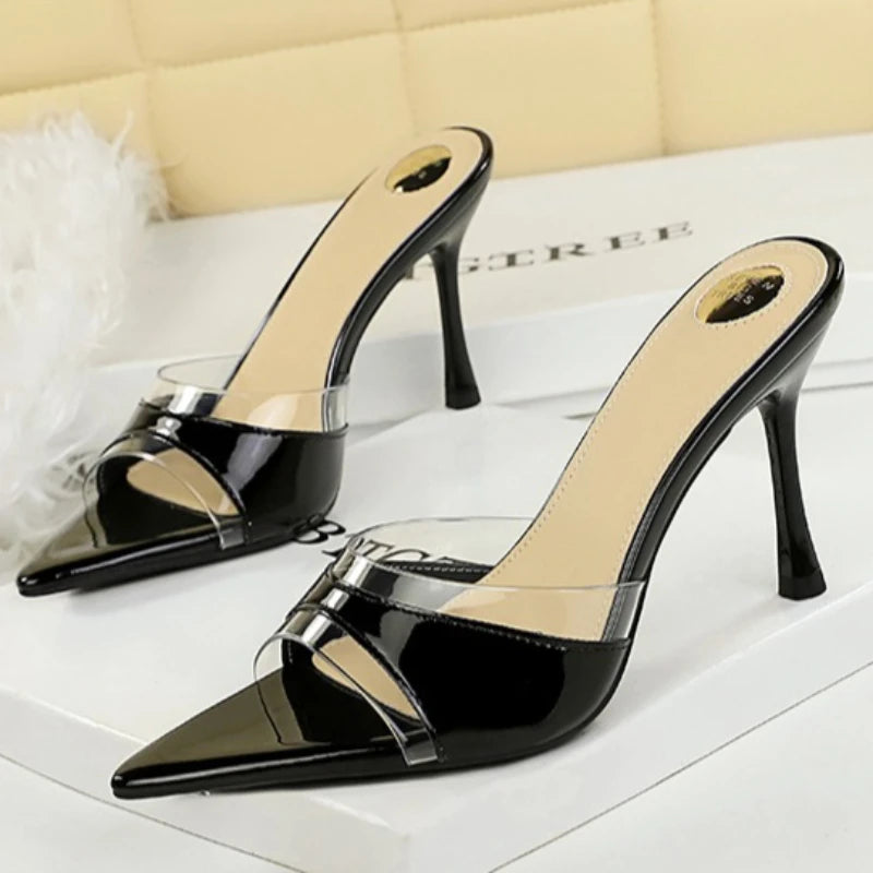 BIGTREE Shoes Women PVC Transparent Shoes for Women Sexy Pointed Open Toe Shallow Slider Slippers Ladies Sandal High Heels Mules