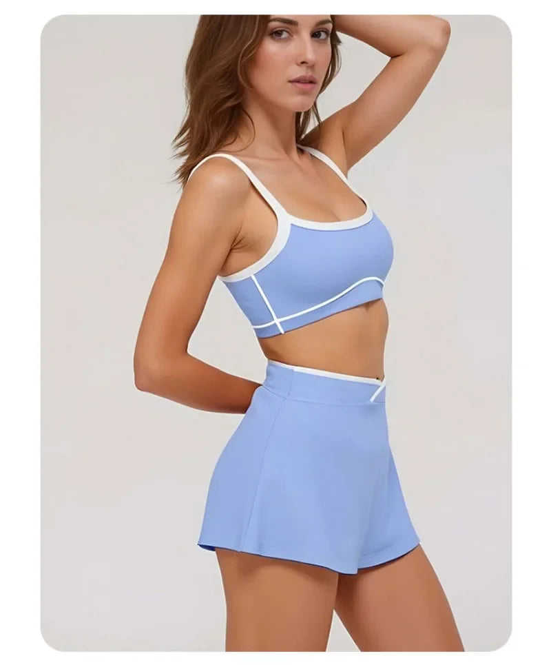 2 Pieces Women's Nude Yoga Set Bra Skirt Tracksuit Running Fitness Sports Set Slim Fit High Waist Beautiful Back Suit